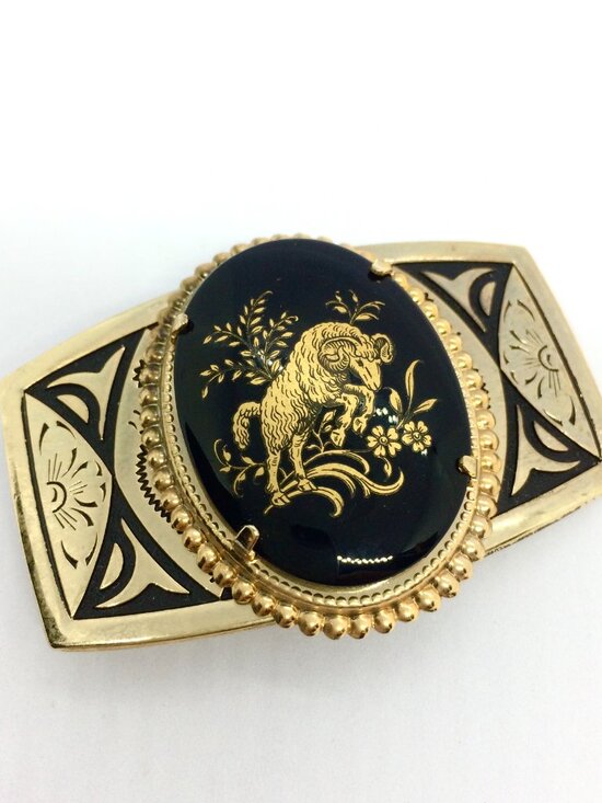 VINTAGE RAM BELT Buckle Aries Zodiac Black Gold Tone Enamel main image 11
